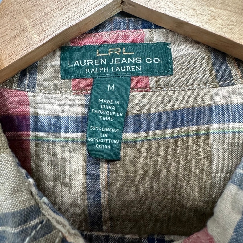 LRL Lauren Jeans Co Ralph Lauren Womens Plaid Linen Long Sleeve Shirt Size M - Picture 4 of 6
